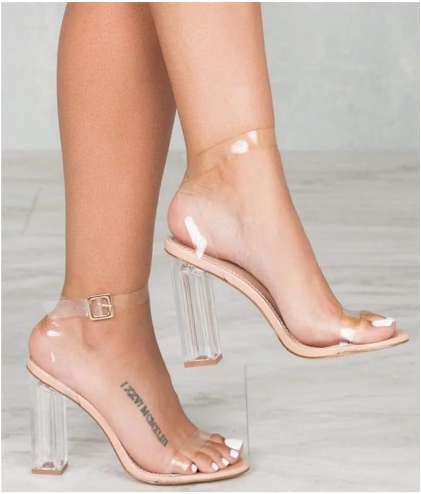Cape Robbin Maria-2 Lucite Clear Strappy Block High Heel Open Peep Toe Sandals (Nude, 6.5)