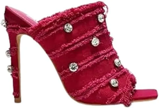 Cape Robbin Women Denim Heels Sandals Square Toe Stiletto High Heels Slip on Sandals