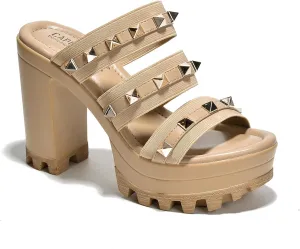 Cape Robbin Women's Spiky Platform Sandals - Slip-On Chunky Heels with Silver Stud Straps (Tinley) - Nude Size 11