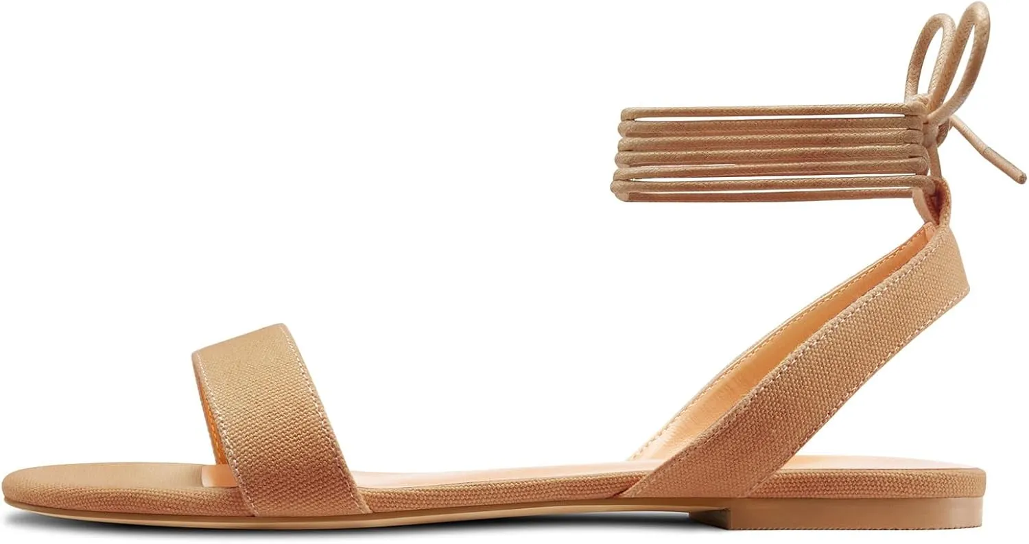 Castamere Womens Low Heel Open Toe Ankle Strap Lace-up Flats Shoes Sandals Casual Basic Classic Denim Summer 0.4 Inches Heels