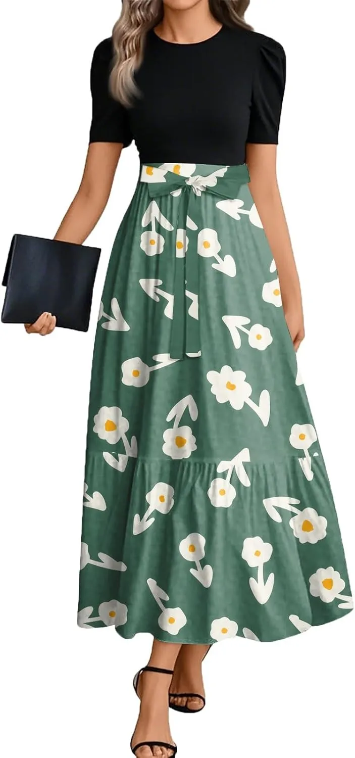 Casual Dresses for Women 2025, Elegant Bow Detail Beach Boho High Waisted Flower Print Womens Sundresses