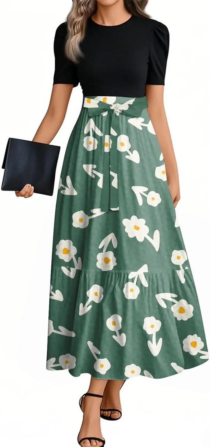 Casual Dresses for Women 2025, Elegant Bow Detail Beach Boho High Waisted Flower Print Womens Sundresses