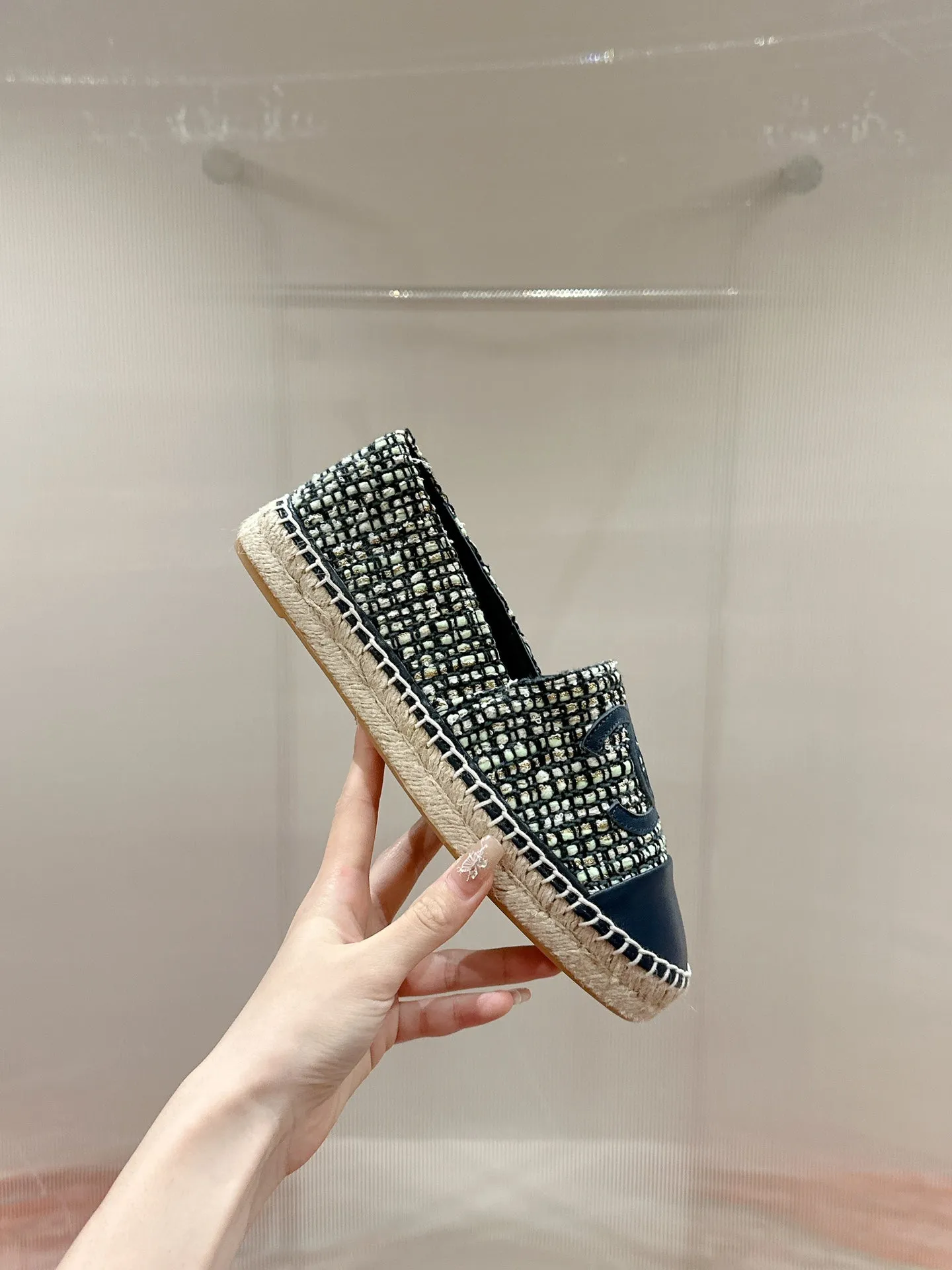 cc espadrilles dark blue blended fabric calfskin