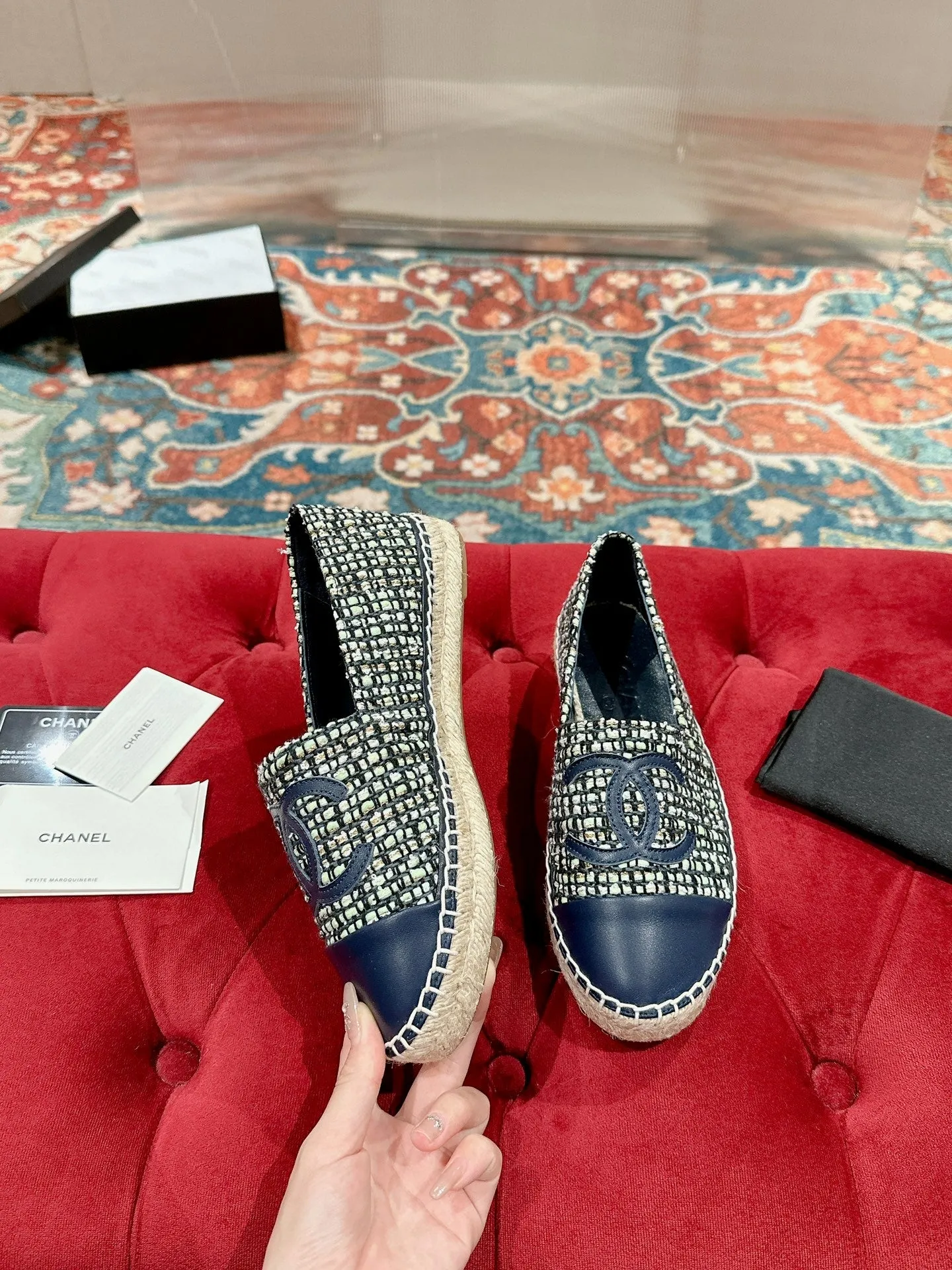 cc espadrilles dark blue blended fabric calfskin