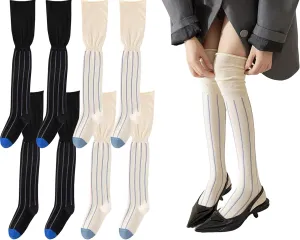 CHUNFO Womens Over Calf Knee High Thigh Socks Vintage Tube Striped Boot Slouch Knit Heel White Black Sock Size5-10