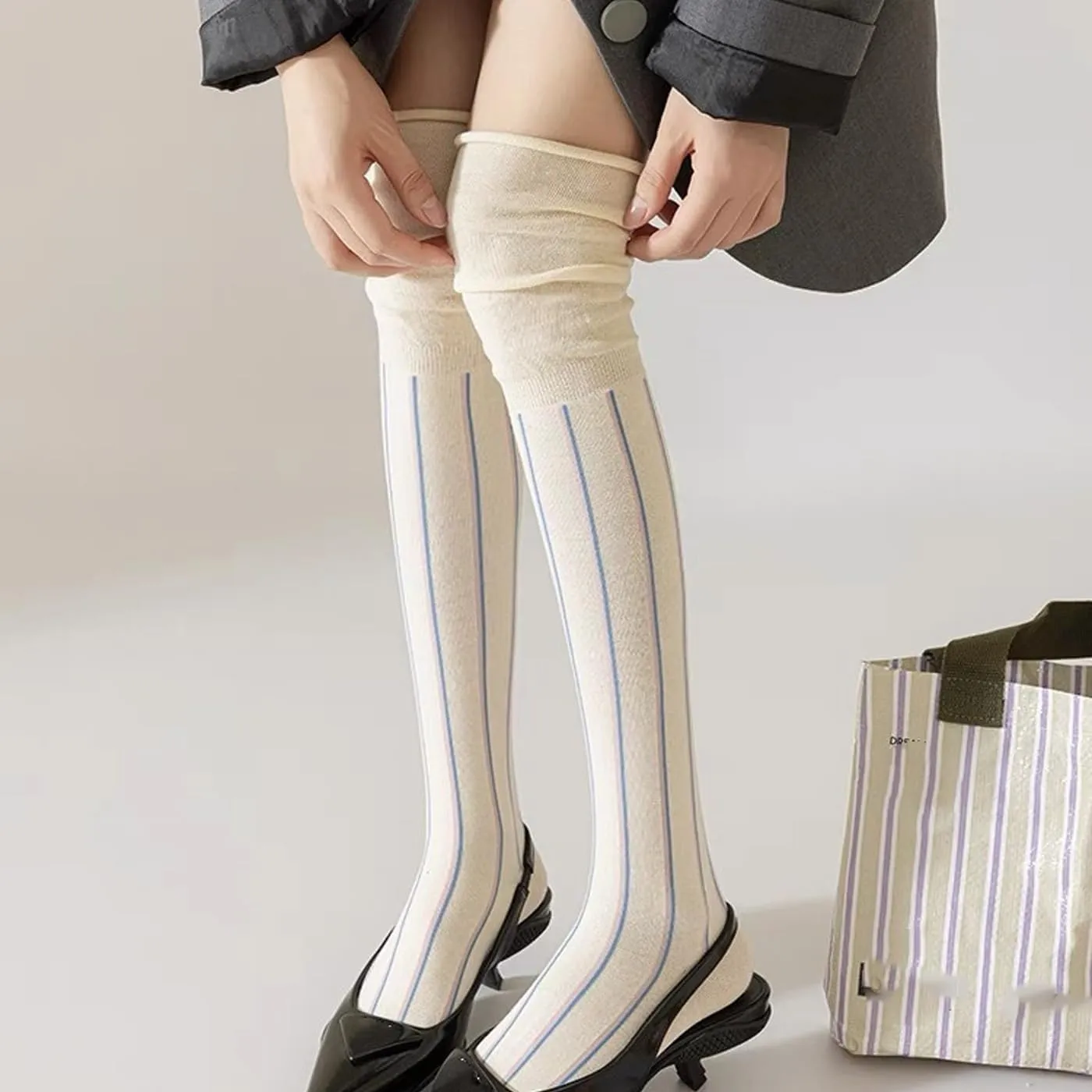 CHUNFO Womens Over Calf Knee High Thigh Socks Vintage Tube Striped Boot Slouch Knit Heel White Black Sock Size5-10