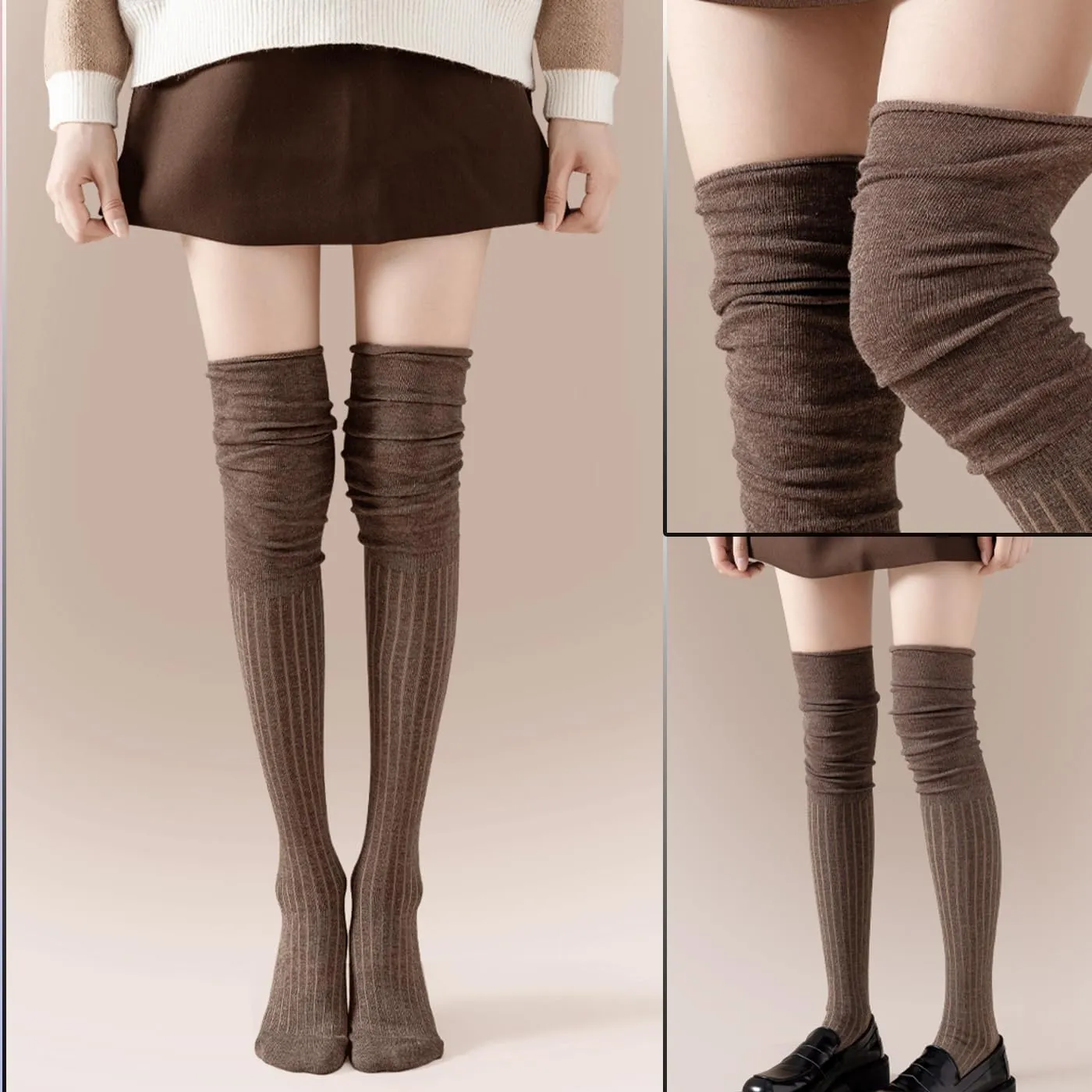 CHUNFO Womens Over Calf Knee High Thigh Socks Vintage Tube Striped Boot Slouch Knit Heel White Black Sock Size5-10
