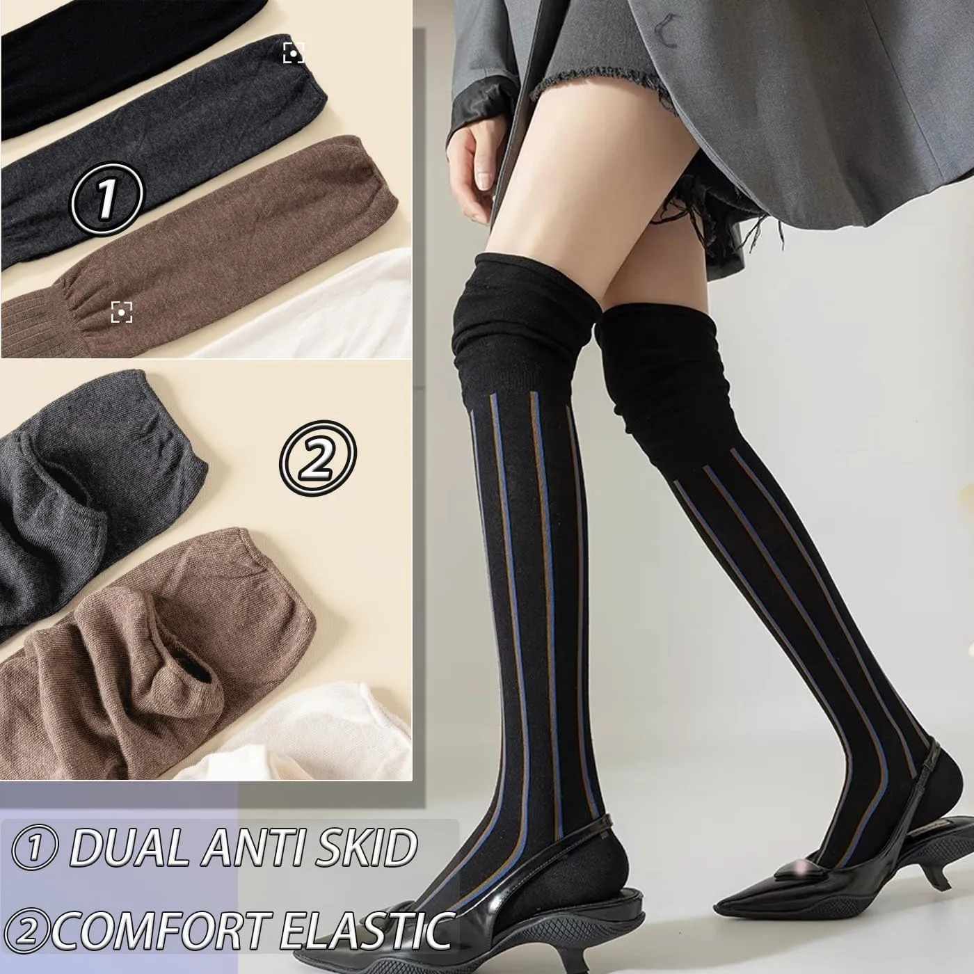 CHUNFO Womens Over Calf Knee High Thigh Socks Vintage Tube Striped Boot Slouch Knit Heel White Black Sock Size5-10