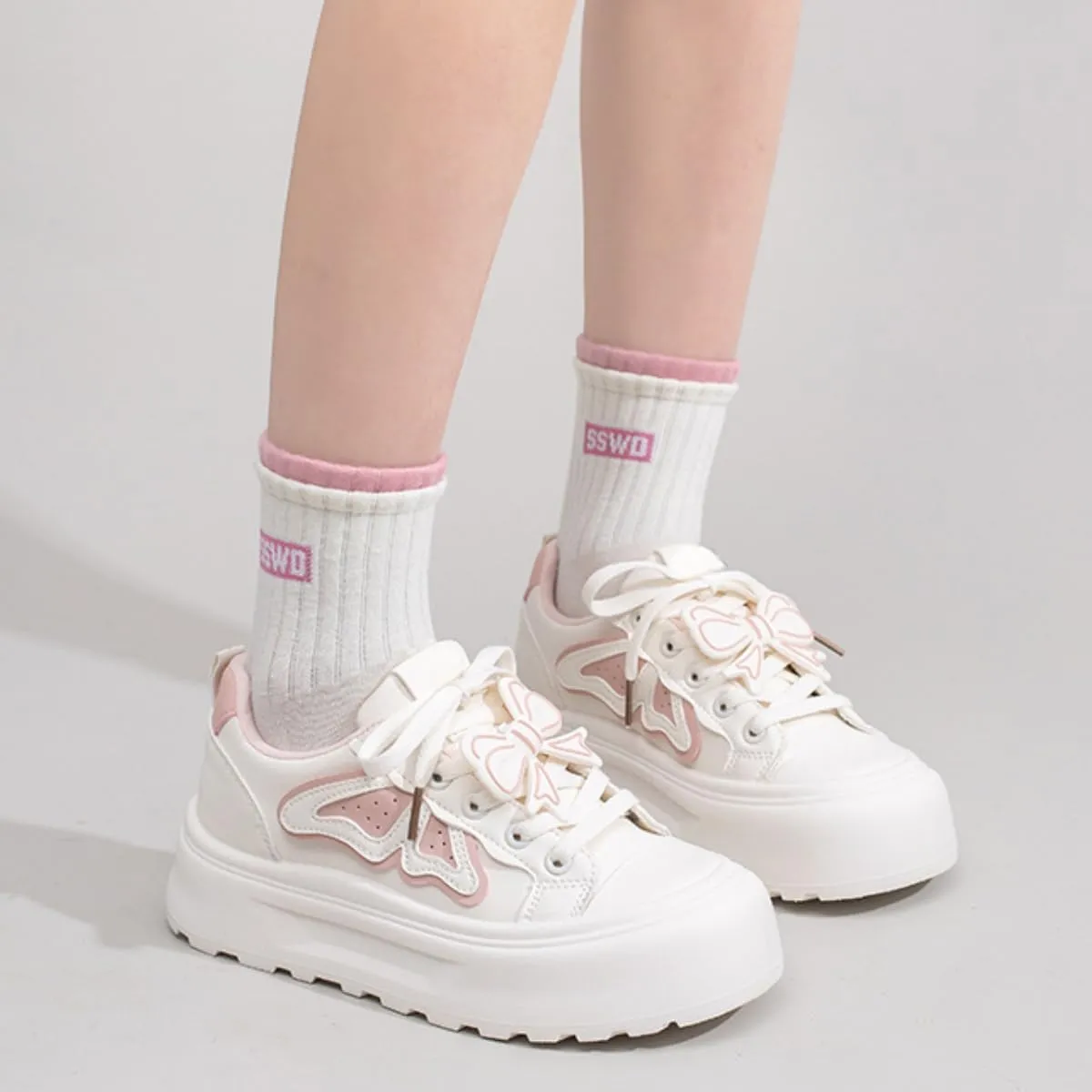 Chunky Platform Sneakers for Women Butterfly Wings Bow Design Comfortable Skate Shoes for Sport, Travel, Casual Walking