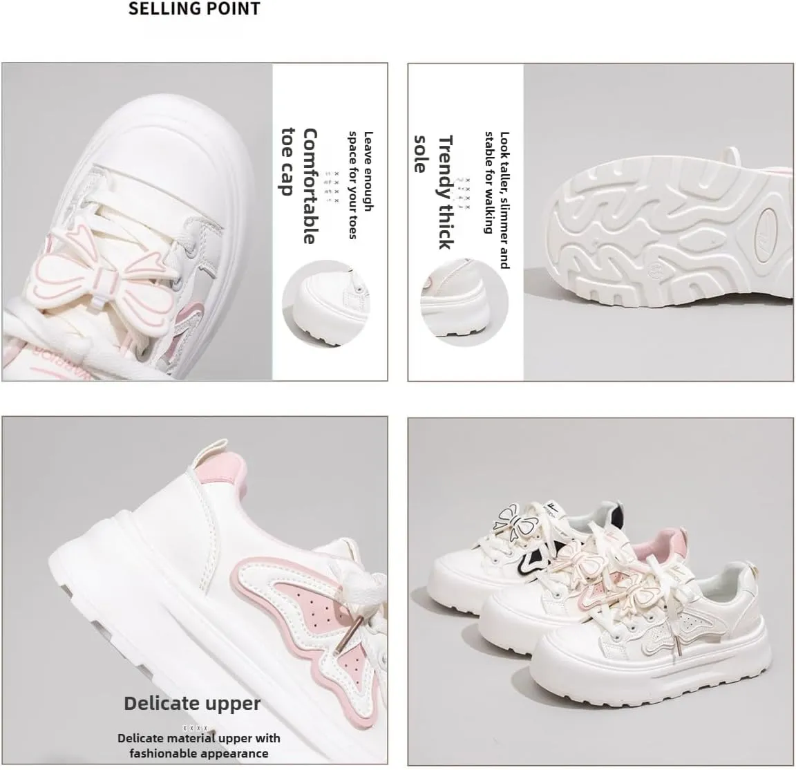 Chunky Platform Sneakers for Women Butterfly Wings Bow Design Comfortable Skate Shoes for Sport, Travel, Casual Walking