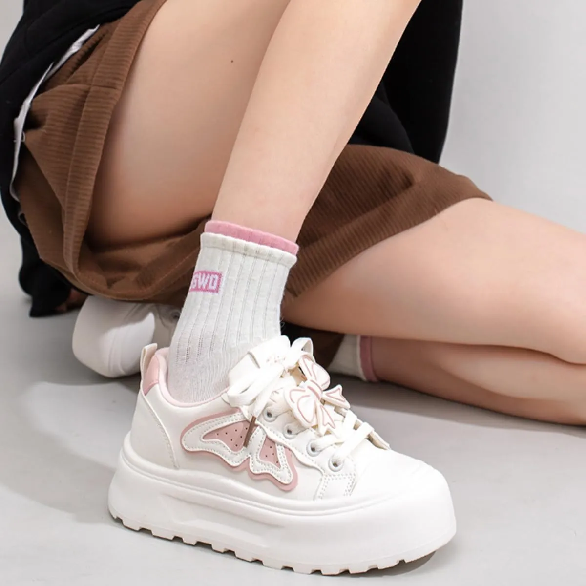 Chunky Platform Sneakers for Women Butterfly Wings Bow Design Comfortable Skate Shoes for Sport, Travel, Casual Walking