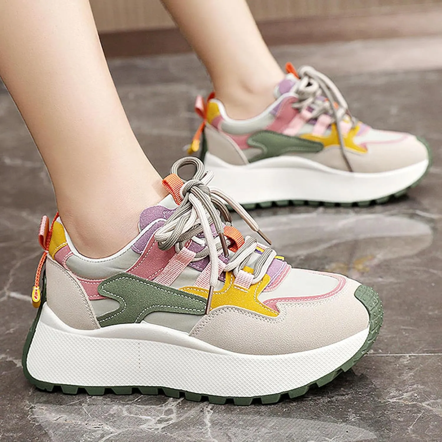 Chunky Sneakers for Women Color Block Platform Walking Shoes