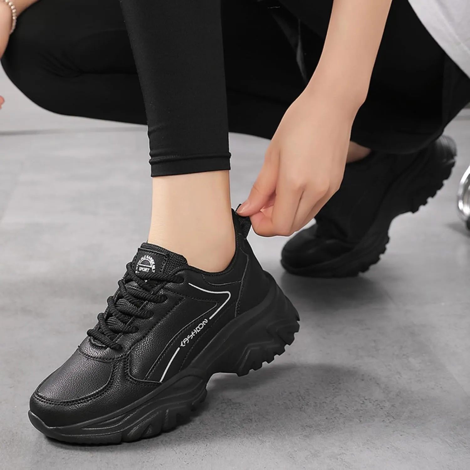 Chunky Sneakers for Women Fashion Platform Height - Increasing Leather Casual Dad Shoes Comfortable Wedge Walking Running Sport Sneakers