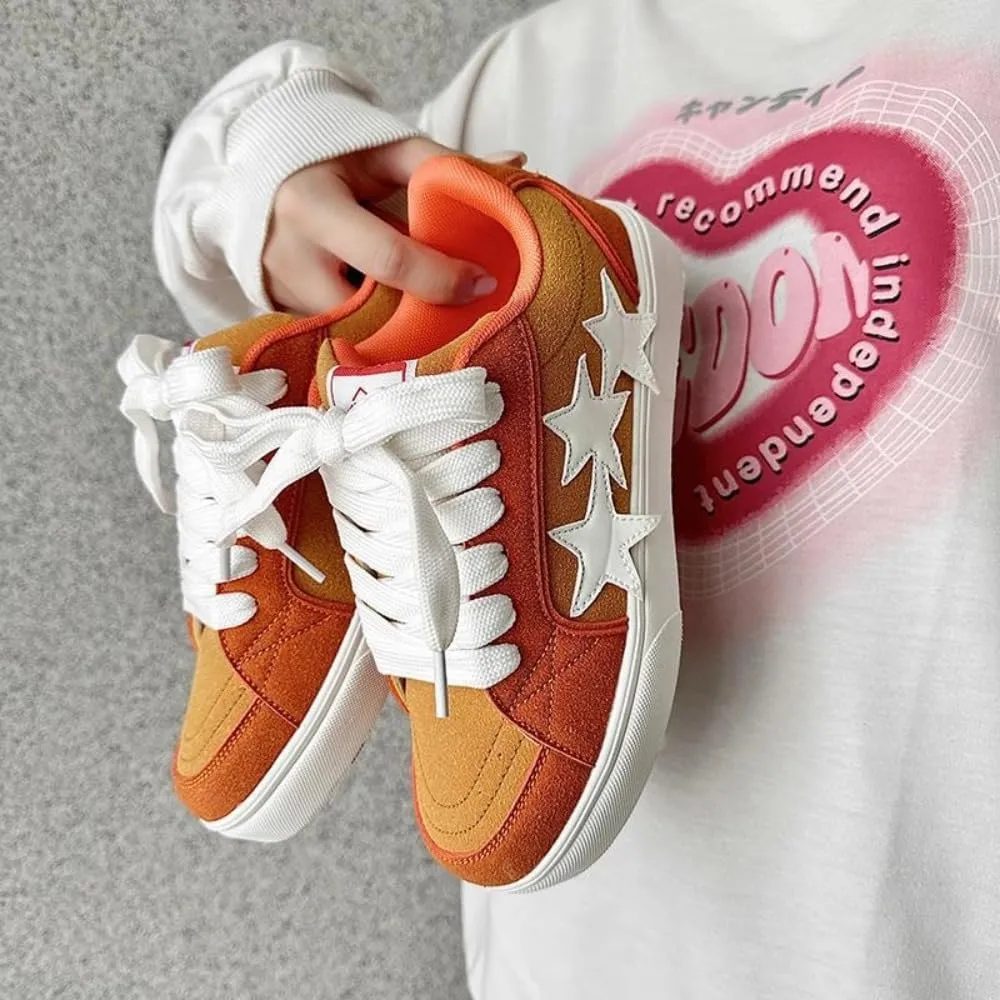 Chunky Sneakers Women, 3 Star Patch, Chunky Laces, Contrast Color, Round Toe, Height Boost, Y2K Street Platform Shoes