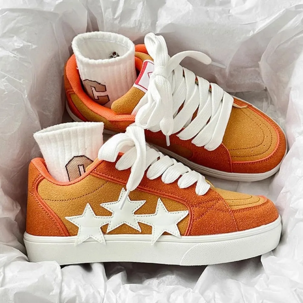 Chunky Sneakers Women, 3 Star Patch, Chunky Laces, Contrast Color, Round Toe, Height Boost, Y2K Street Platform Shoes