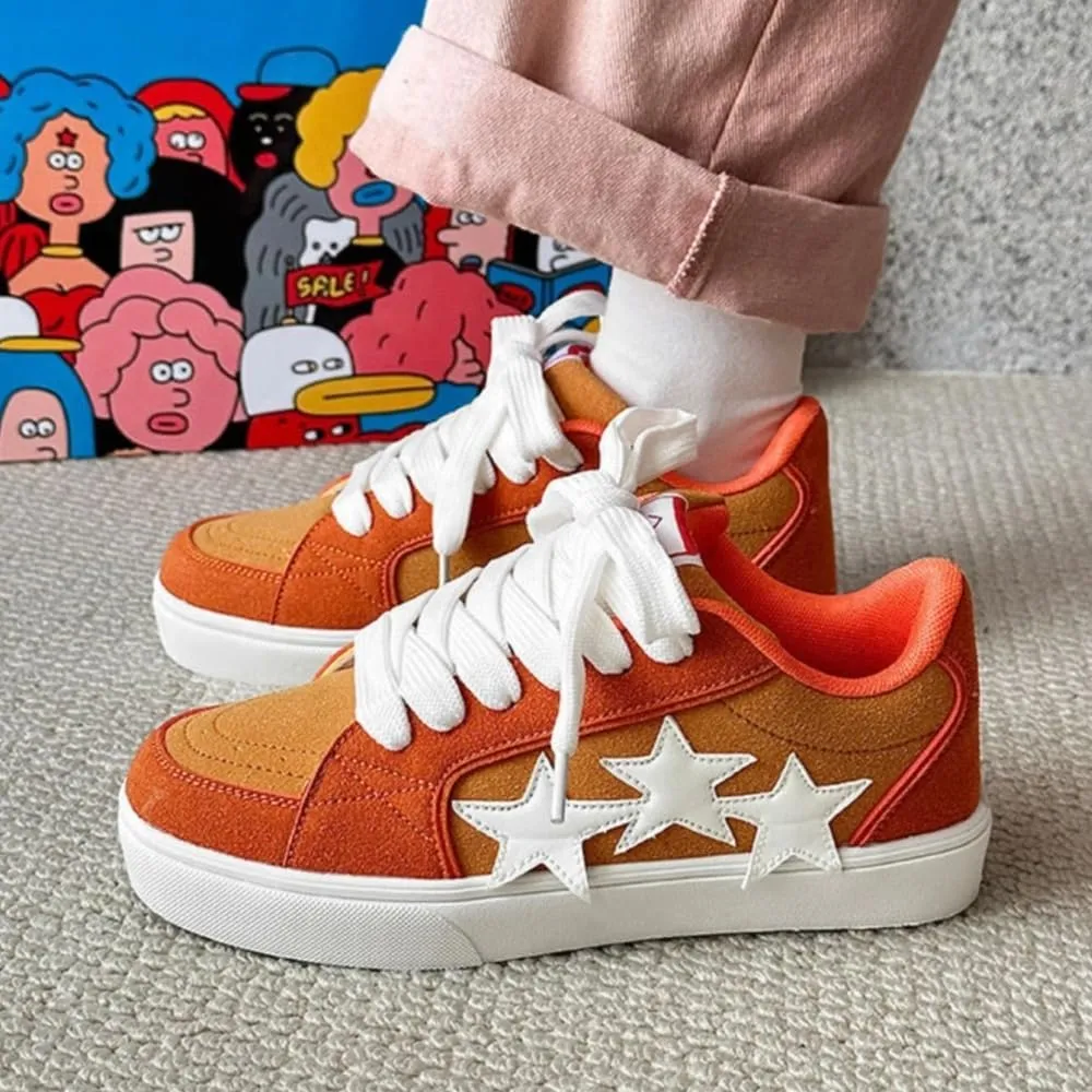 Chunky Sneakers Women, 3 Star Patch, Chunky Laces, Contrast Color, Round Toe, Height Boost, Y2K Street Platform Shoes