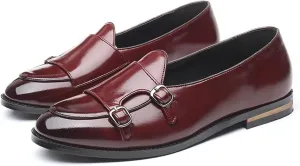 Classic Vintage Loafers for Men Casual Slip on Shoes with Double Monk Strap Faux Leather Burnished Pointed Toe Block Heel Solid Color Casual