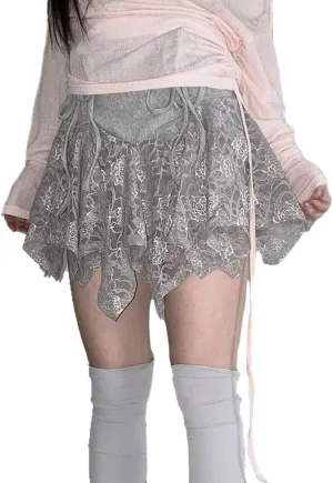 CORIRESHA Women's Y2K Asymmetrical Floral Lace Patchwork Drawstring Tied Bow Waist Mini Skirt