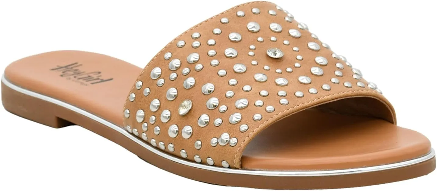 Corkys Footwear Hey Girl Womens Bail Money Sandal - Featuring a Studded Wide Strap With Elastic Gore, Metallic Rand Around the Bottom, and Cushioned Insoles