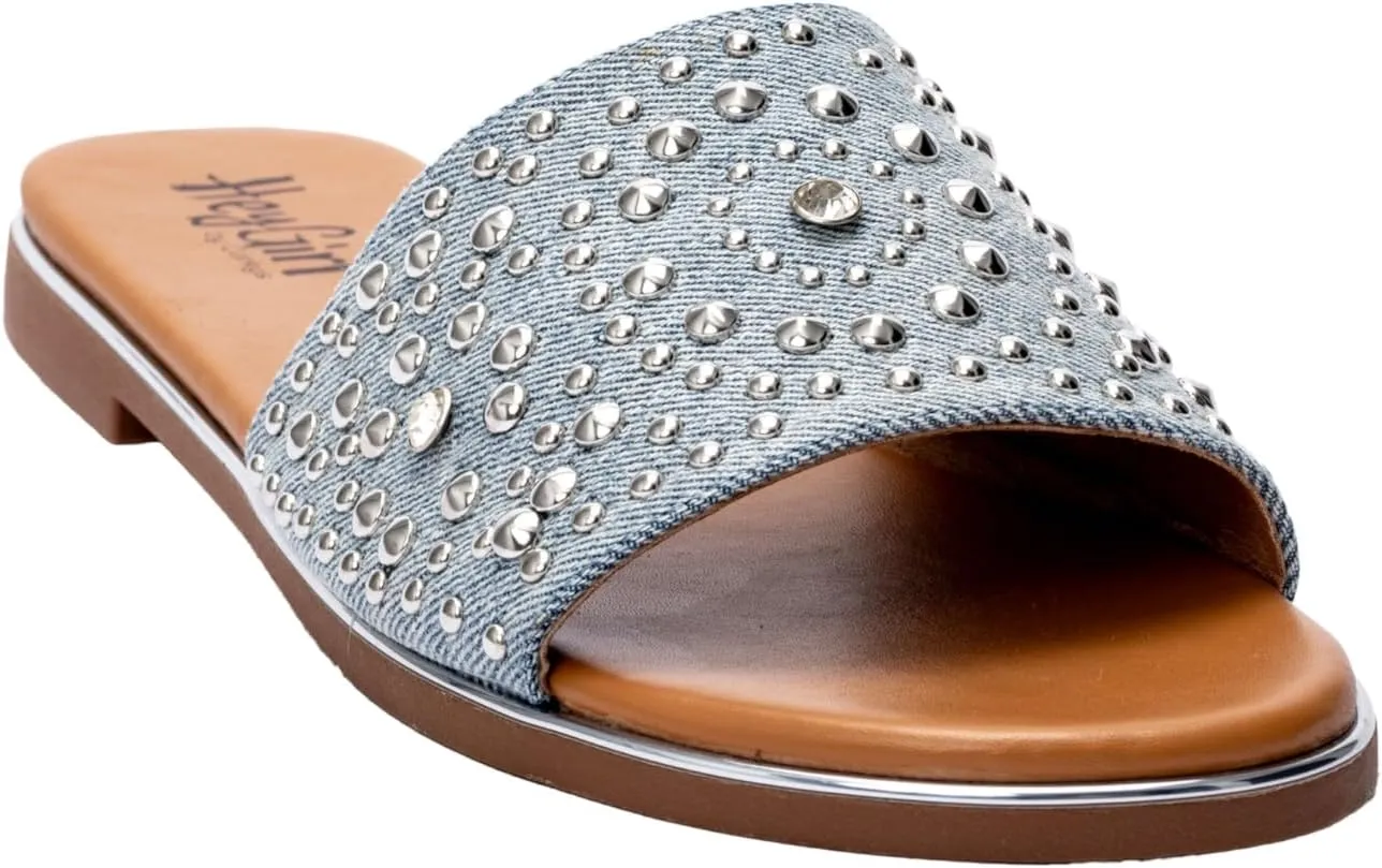 Corkys Footwear Hey Girl Womens Bail Money Sandal - Featuring a Studded Wide Strap With Elastic Gore, Metallic Rand Around the Bottom, and Cushioned Insoles