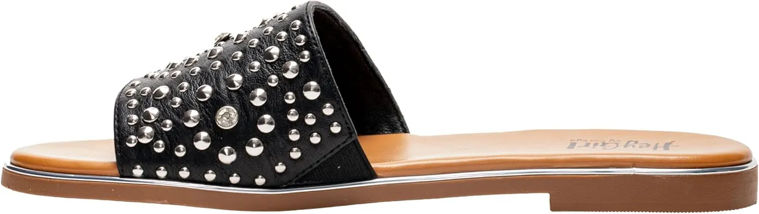 Corkys Footwear Hey Girl Womens Bail Money Sandal - Featuring a Studded Wide Strap With Elastic Gore, Metallic Rand Around the Bottom, and Cushioned Insoles
