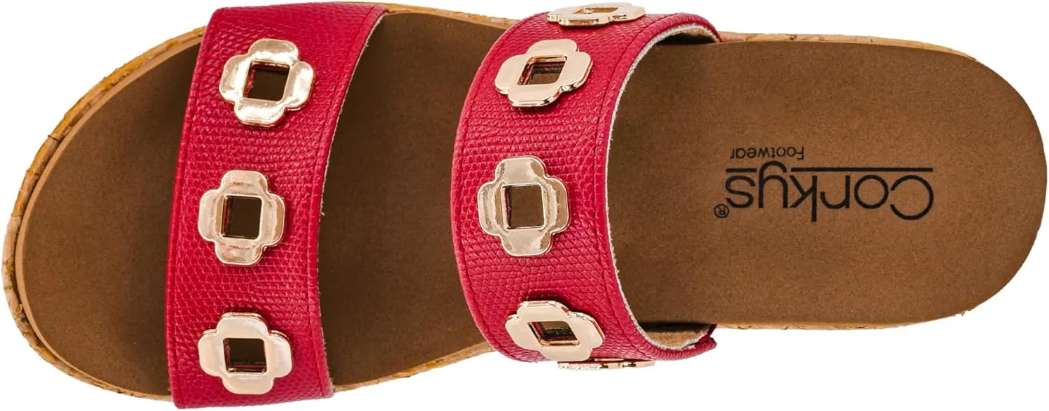 Corkys Footwear Hi Tide Double Strap 2.5-Inch Wedge - Featuring Two Metal-Accented Straps, A Cushioned EVA Insole For All Day Wear, Easy and Convenient Slip-On design