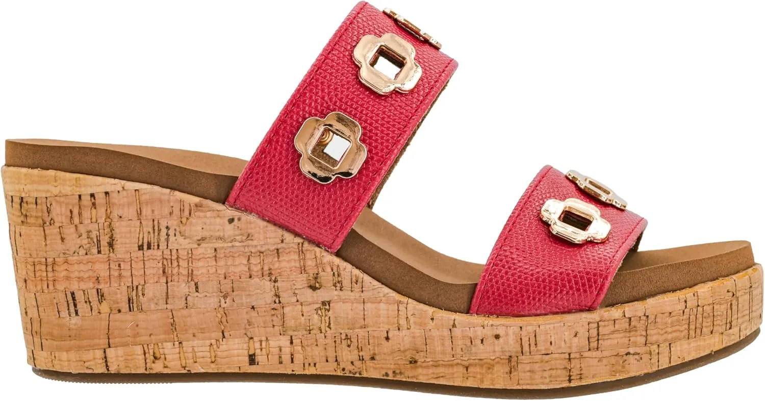 Corkys Footwear Hi Tide Double Strap 2.5-Inch Wedge - Featuring Two Metal-Accented Straps, A Cushioned EVA Insole For All Day Wear, Easy and Convenient Slip-On design