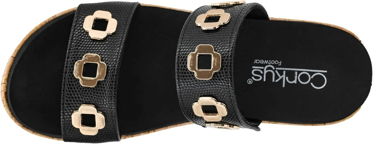 Corkys Footwear Hi Tide Double Strap 2.5-Inch Wedge - Featuring Two Metal-Accented Straps, A Cushioned EVA Insole For All Day Wear, Easy and Convenient Slip-On design