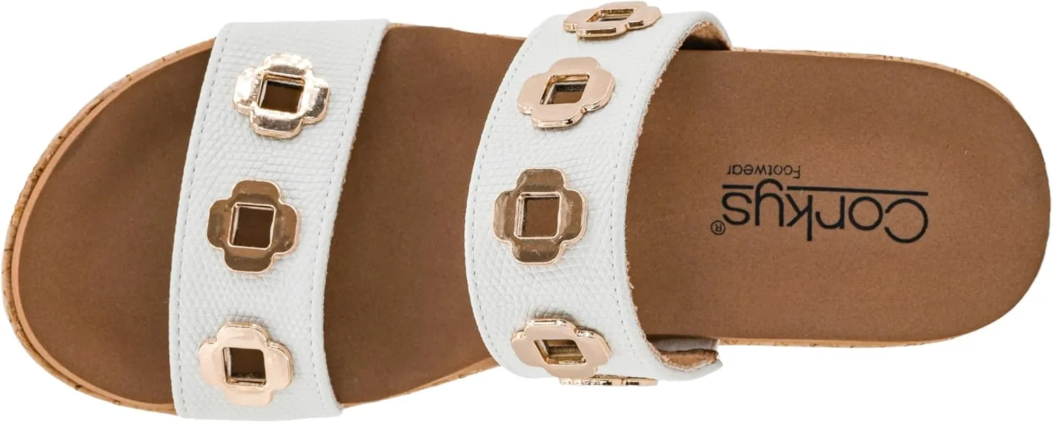 Corkys Footwear Hi Tide Double Strap 2.5-Inch Wedge - Featuring Two Metal-Accented Straps, A Cushioned EVA Insole For All Day Wear, Easy and Convenient Slip-On design