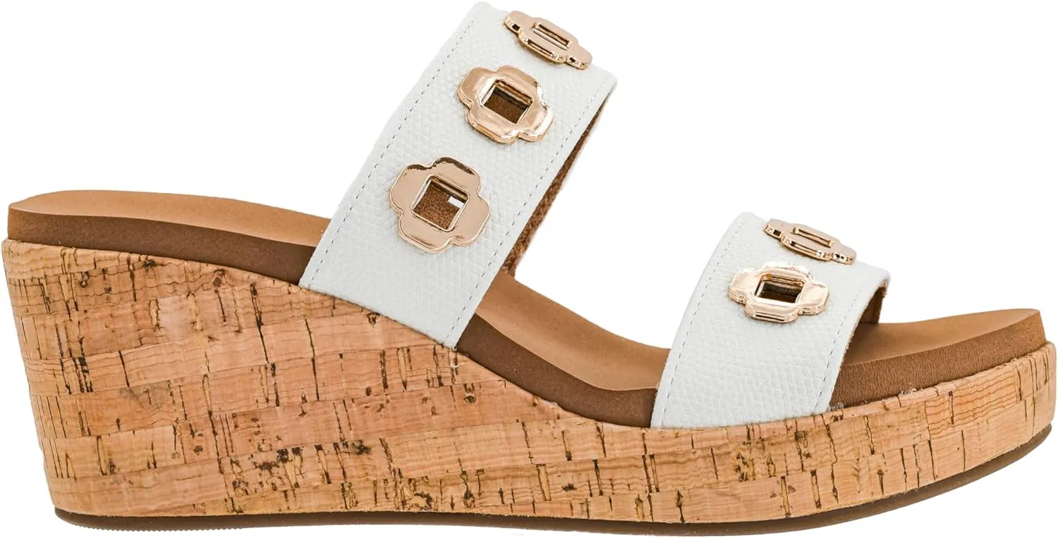 Corkys Footwear Hi Tide Double Strap 2.5-Inch Wedge - Featuring Two Metal-Accented Straps, A Cushioned EVA Insole For All Day Wear, Easy and Convenient Slip-On design