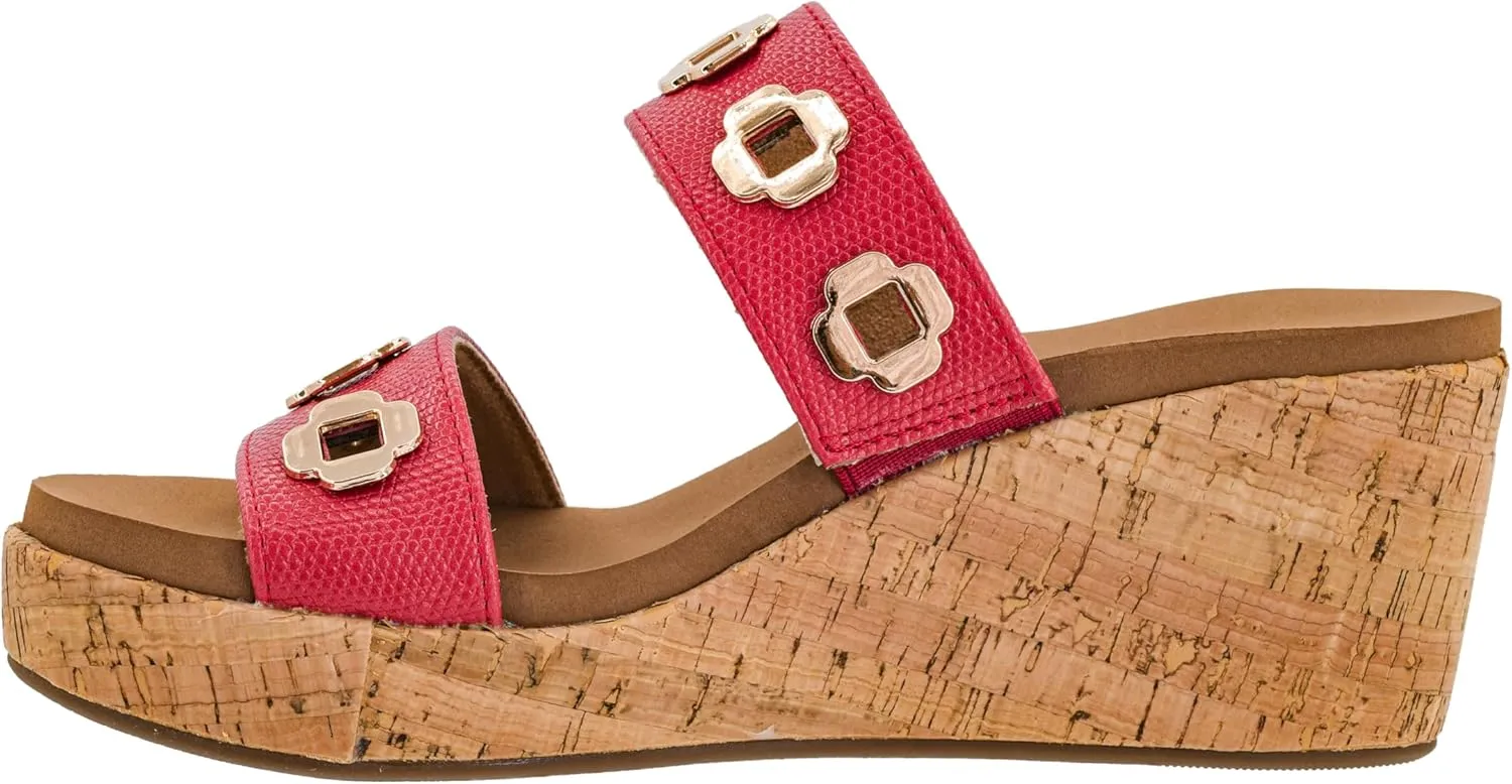 Corkys Footwear Hi Tide Double Strap 2.5-Inch Wedge - Featuring Two Metal-Accented Straps, A Cushioned EVA Insole For All Day Wear, Easy and Convenient Slip-On design