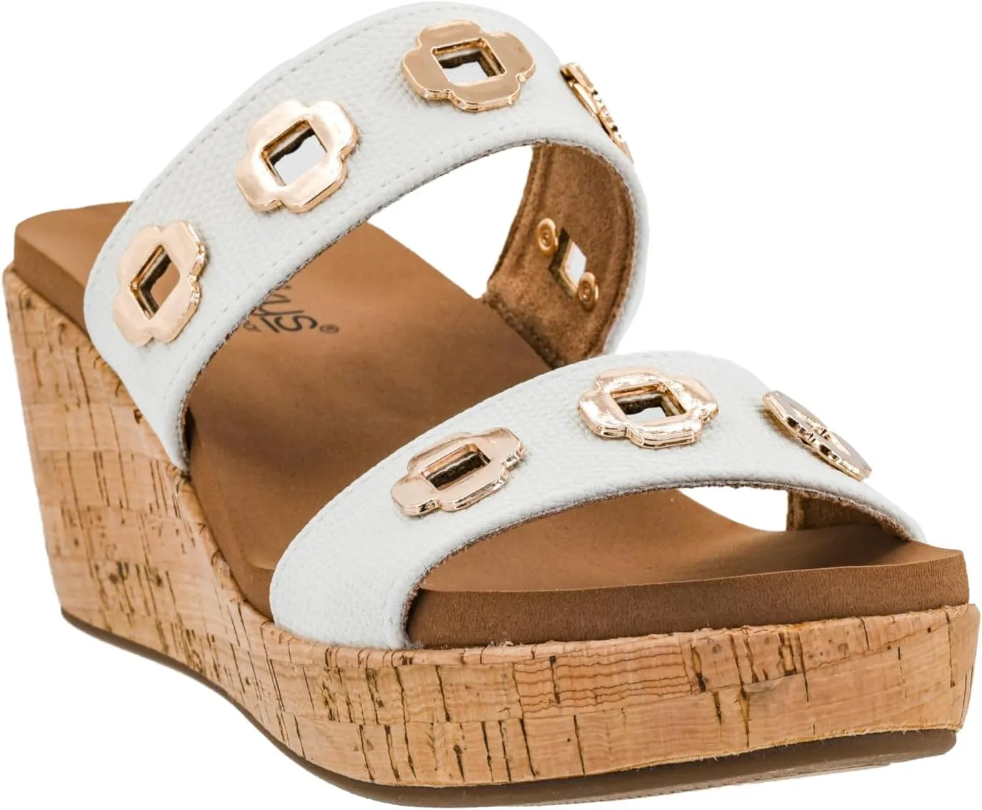 Corkys Footwear Hi Tide Double Strap 2.5-Inch Wedge - Featuring Two Metal-Accented Straps, A Cushioned EVA Insole For All Day Wear, Easy and Convenient Slip-On design