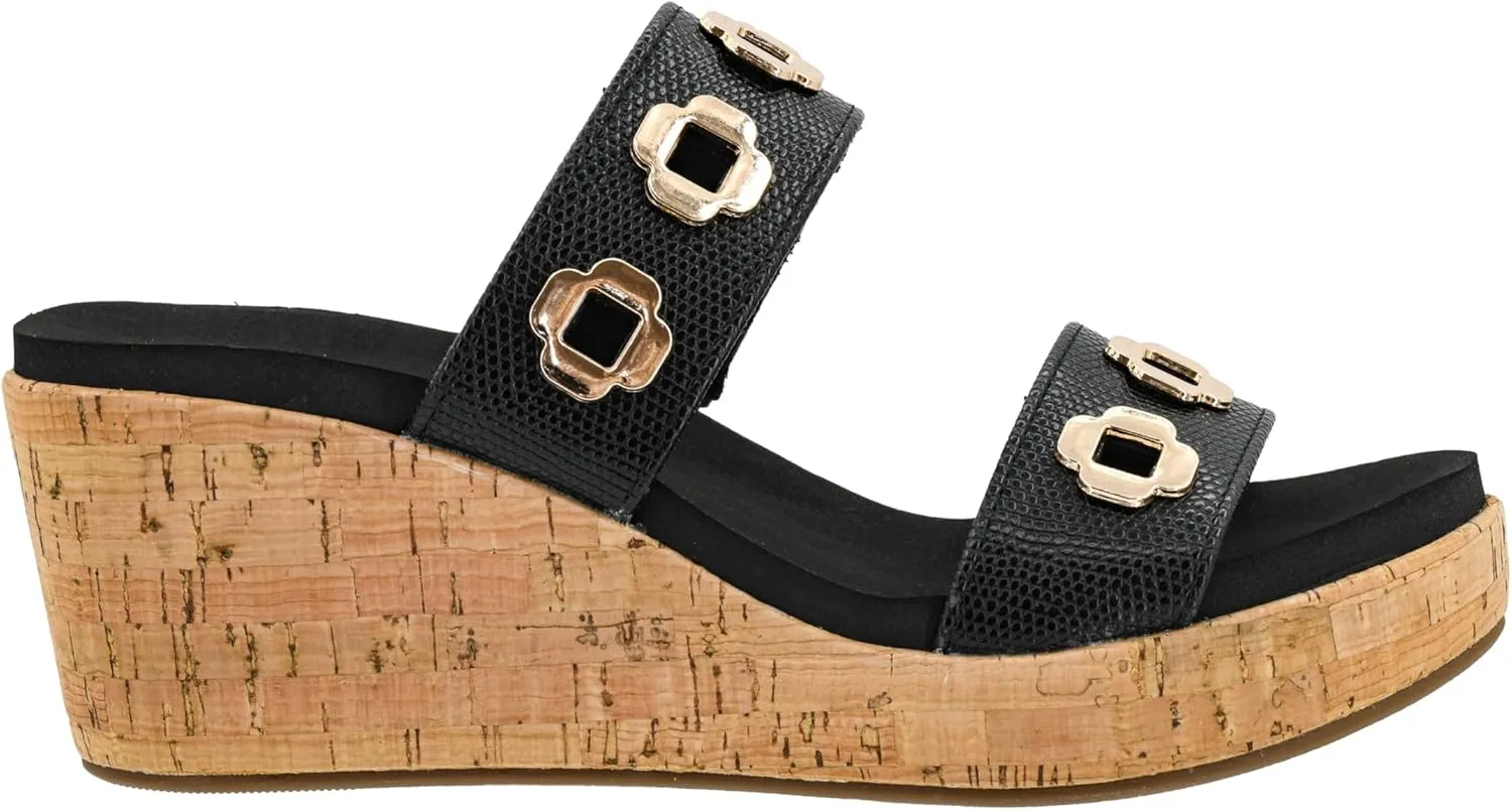 Corkys Footwear Hi Tide Double Strap 2.5-Inch Wedge - Featuring Two Metal-Accented Straps, A Cushioned EVA Insole For All Day Wear, Easy and Convenient Slip-On design
