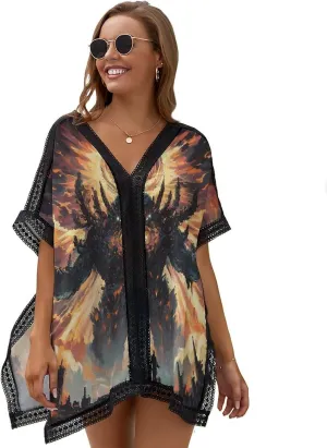 Cosmic Evil God Fashion Cover Ups for Swimwear Women V Neck Lace Trim Beach Coverup Bikini Swimsuit Poncho Tops