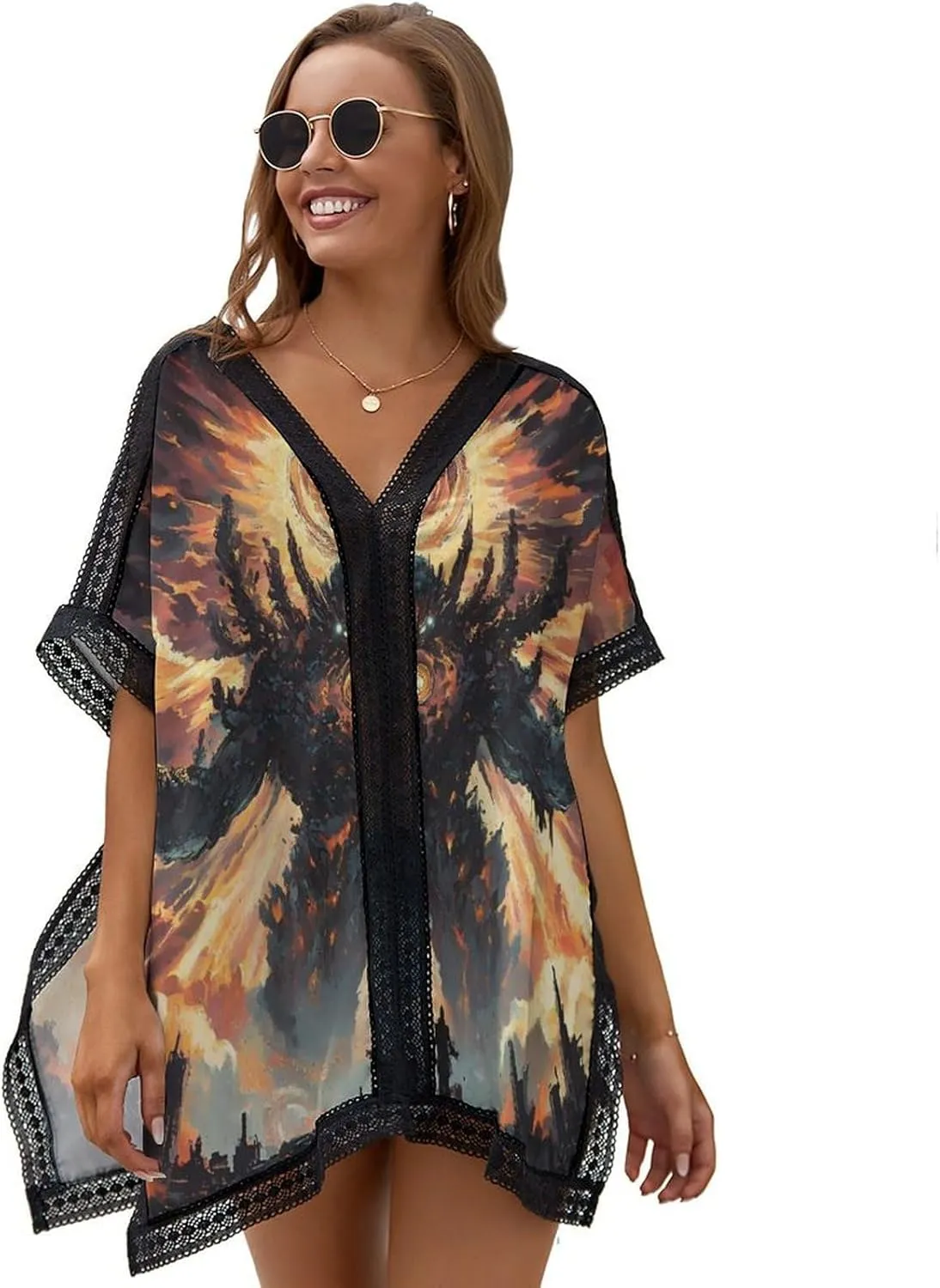 Cosmic Evil God Fashion Cover Ups for Swimwear Women V Neck Lace Trim Beach Coverup Bikini Swimsuit Poncho Tops