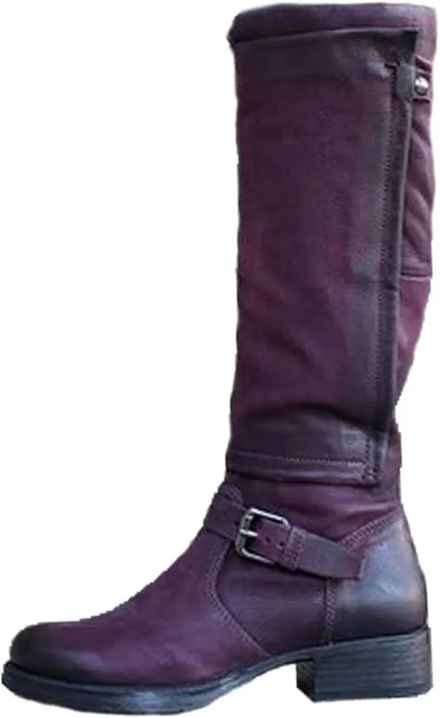 Ctreela Slouch Riding Boots Vintage Side Zipper Motorcycle Boots Winter Retro Round Toe Combat Boots Knee High Work Booties
