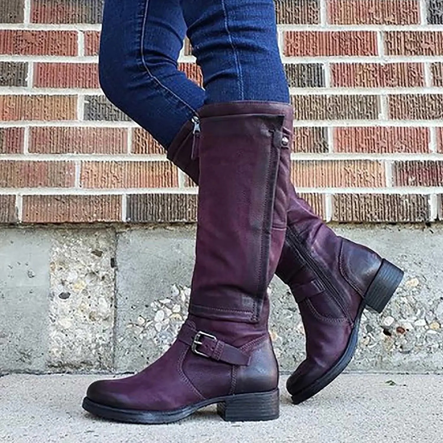 Ctreela Slouch Riding Boots Vintage Side Zipper Motorcycle Boots Winter Retro Round Toe Combat Boots Knee High Work Booties