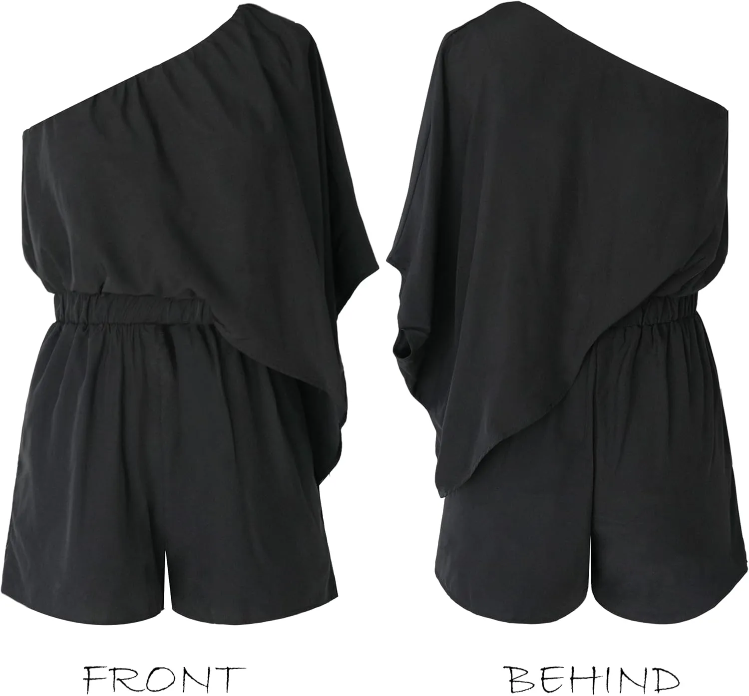 CUPSHE Women's One Shoulder Romper 3/4 Sleeve Wide Leg Mini Jumpsuit Short Draped Bodice Romper Casual Summer Loose Outfit
