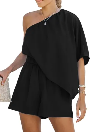 CUPSHE Women's One Shoulder Romper 3/4 Sleeve Wide Leg Mini Jumpsuit Short Draped Bodice Romper Casual Summer Loose Outfit