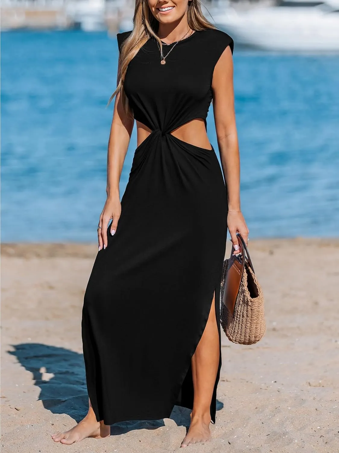 CUPSHE Women’s Summer Maxi Dresses Sleeveless Cutout Side Slit Long Casual Dress with Padded Shoulders