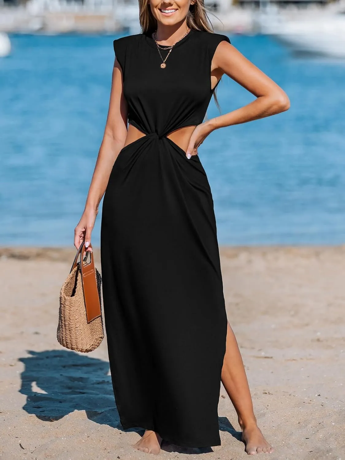 CUPSHE Women’s Summer Maxi Dresses Sleeveless Cutout Side Slit Long Casual Dress with Padded Shoulders