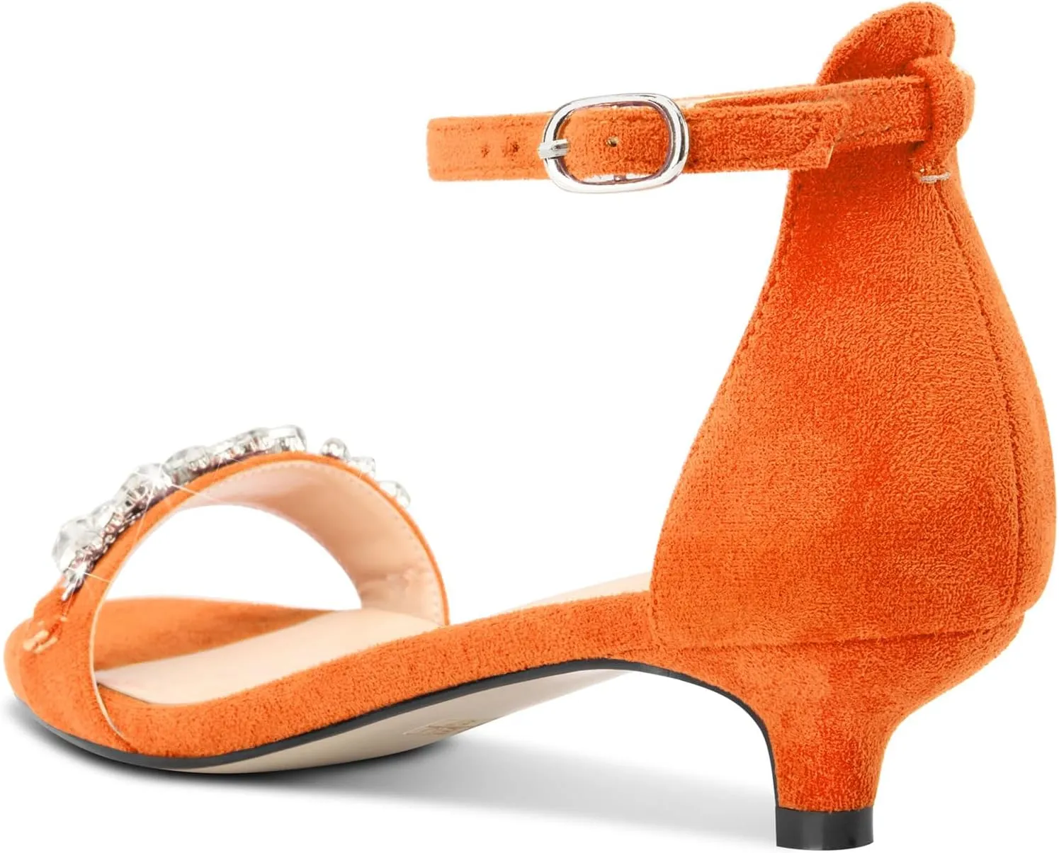 DearOnly Womens Low Kitten Heel Peep Open Toe Ankle Strap Sandals Rhinestone Crystal Buckle Office Summer Dress 1.4 Inches Heels