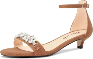 DearOnly Womens Low Kitten Heel Peep Open Toe Ankle Strap Sandals Rhinestone Crystal Buckle Office Summer Dress 1.4 Inches Heels