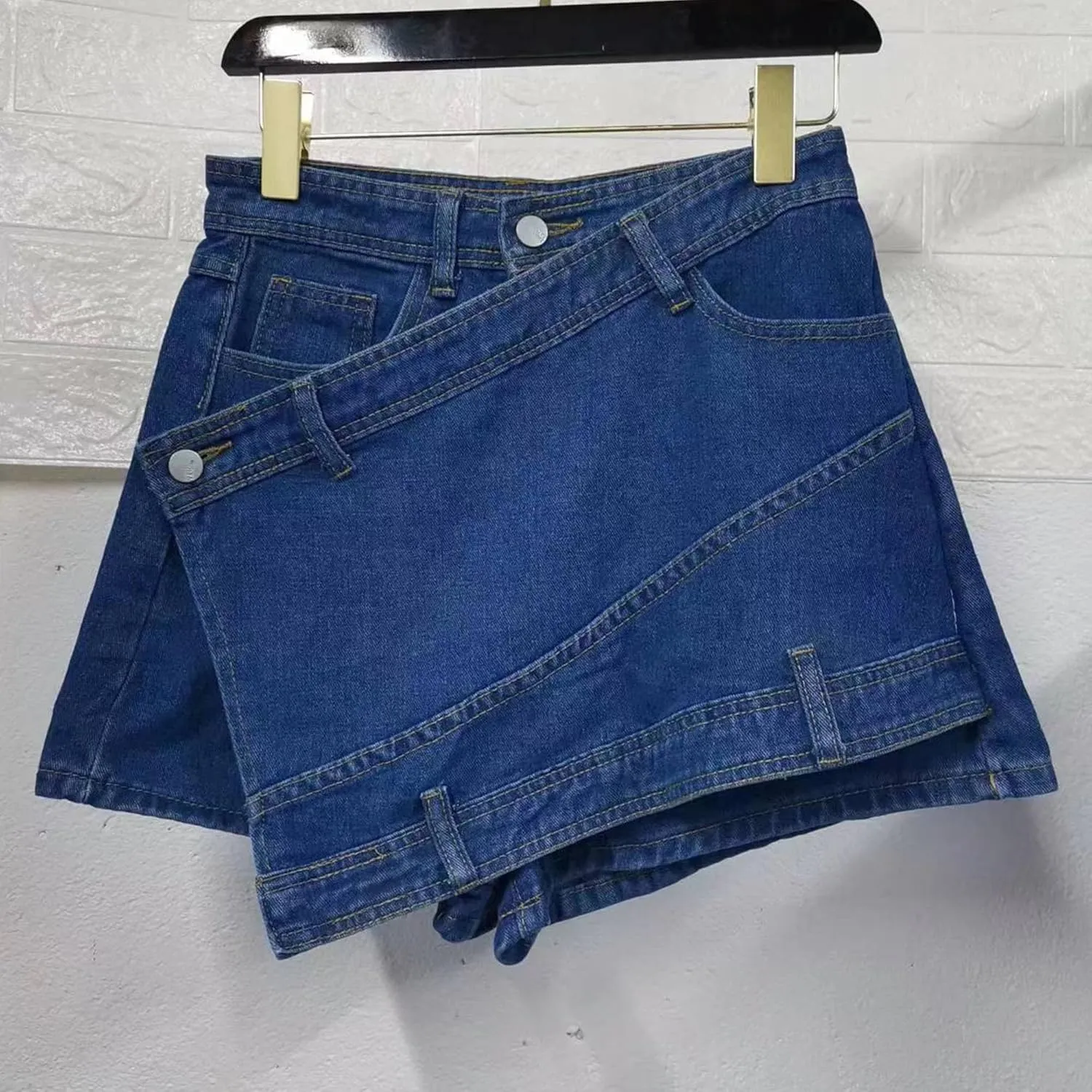 Denim Dress for Women High Waist A-Line Irregular Crossover Jeans Summer Wide Leg Trendy Denim Pants