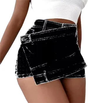 Denim Dress for Women High Waist A-Line Irregular Crossover Jeans Summer Wide Leg Trendy Denim Pants