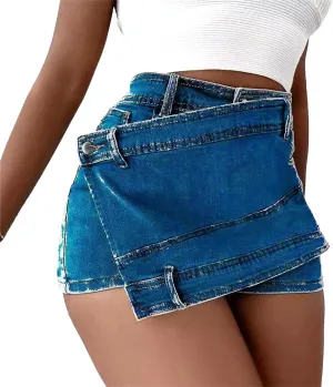 Denim Dress for Women High Waist A-Line Irregular Crossover Jeans Summer Wide Leg Trendy Denim Pants