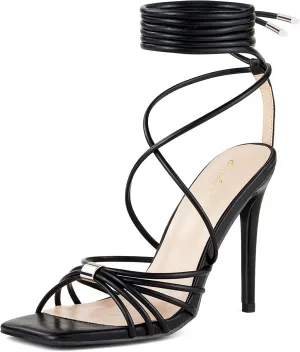 Elisabet Tang Women Strappy Heeled Sandals Lace Up 4 Inch Stilettos Square Open Toe High Heels Ankle Strap for Prom Party Evening