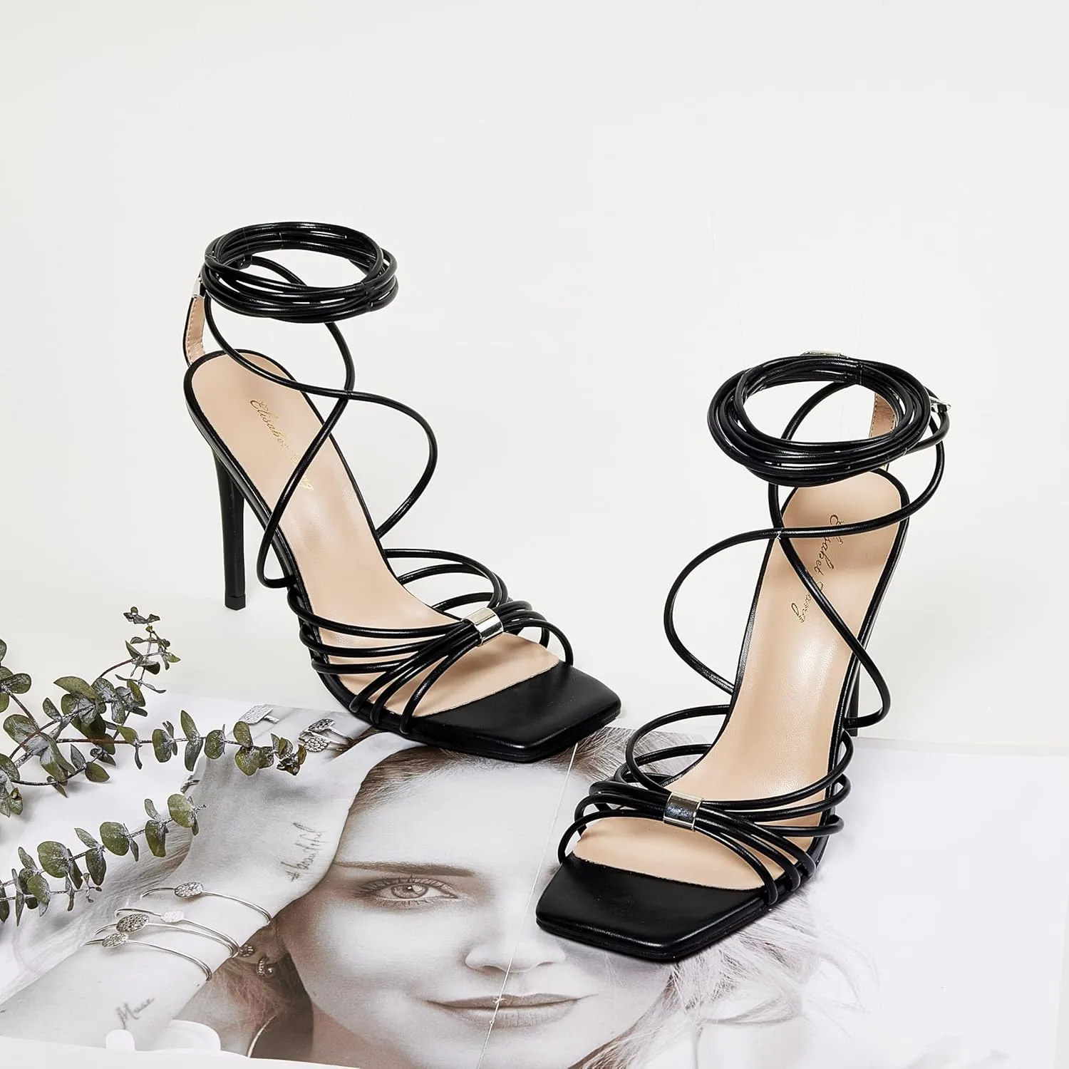Elisabet Tang Women Strappy Heeled Sandals Lace Up 4 Inch Stilettos Square Open Toe High Heels Ankle Strap for Prom Party Evening