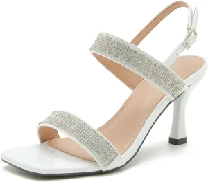 Enelauge Women's Strappy Square Toe Rhinestone Stiletto High Heeled Sandals Slingback Heels Summer Wedding Party Dress Shoes