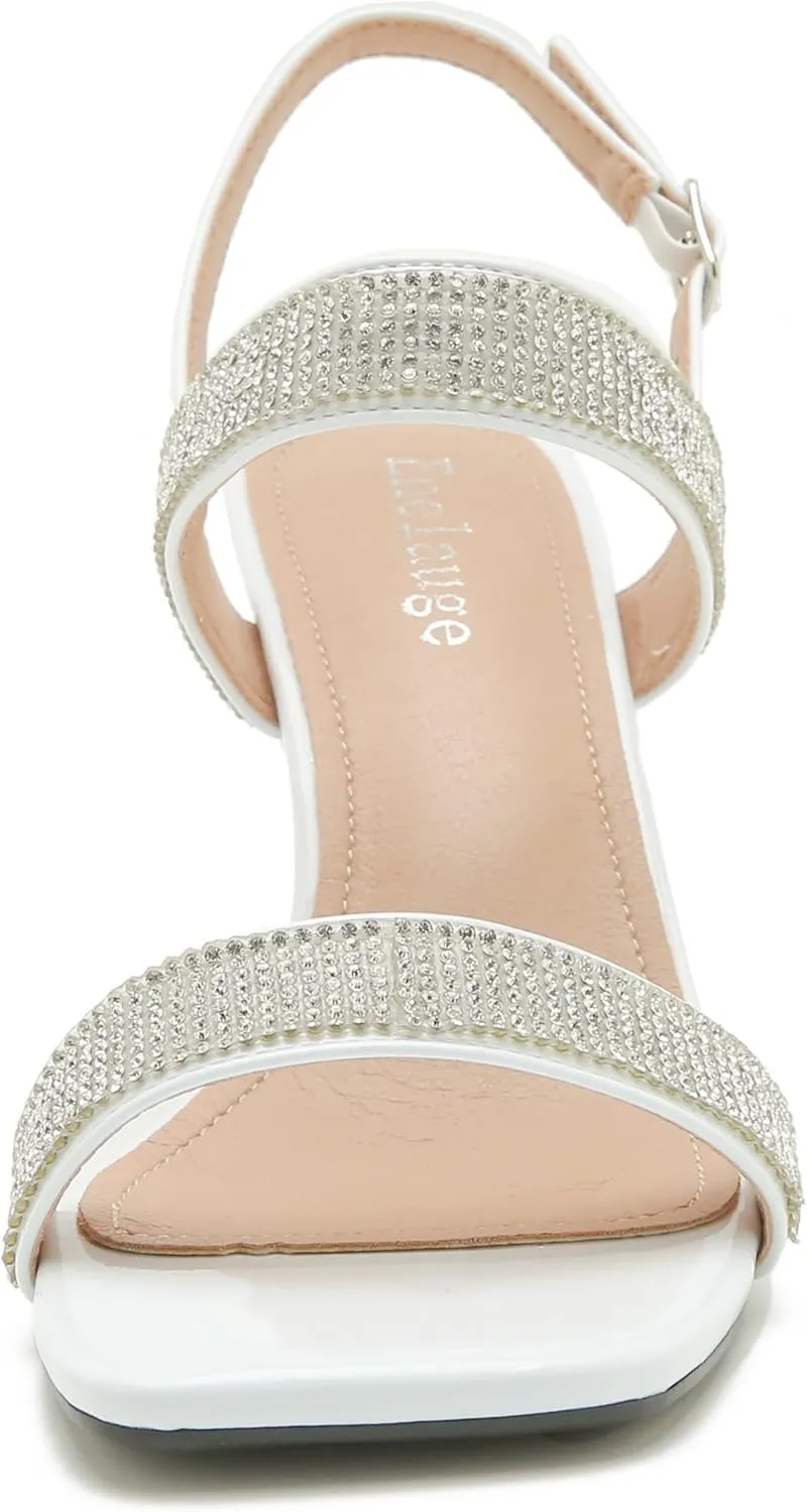 Enelauge Women's Strappy Square Toe Rhinestone Stiletto High Heeled Sandals Slingback Heels Summer Wedding Party Dress Shoes